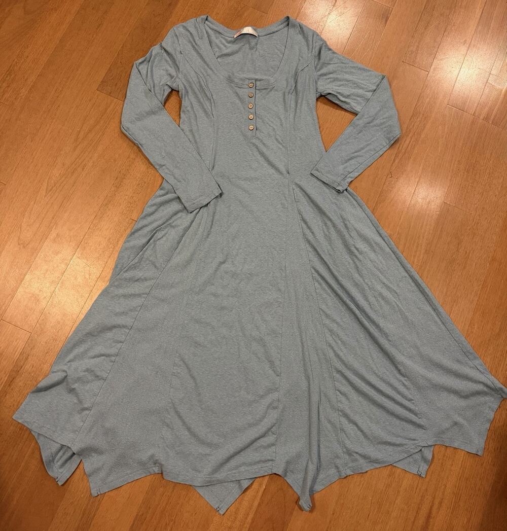 Free People Beach Henley Maxi Dress L Blue Long Sleeve Handkerchief Hem Boho